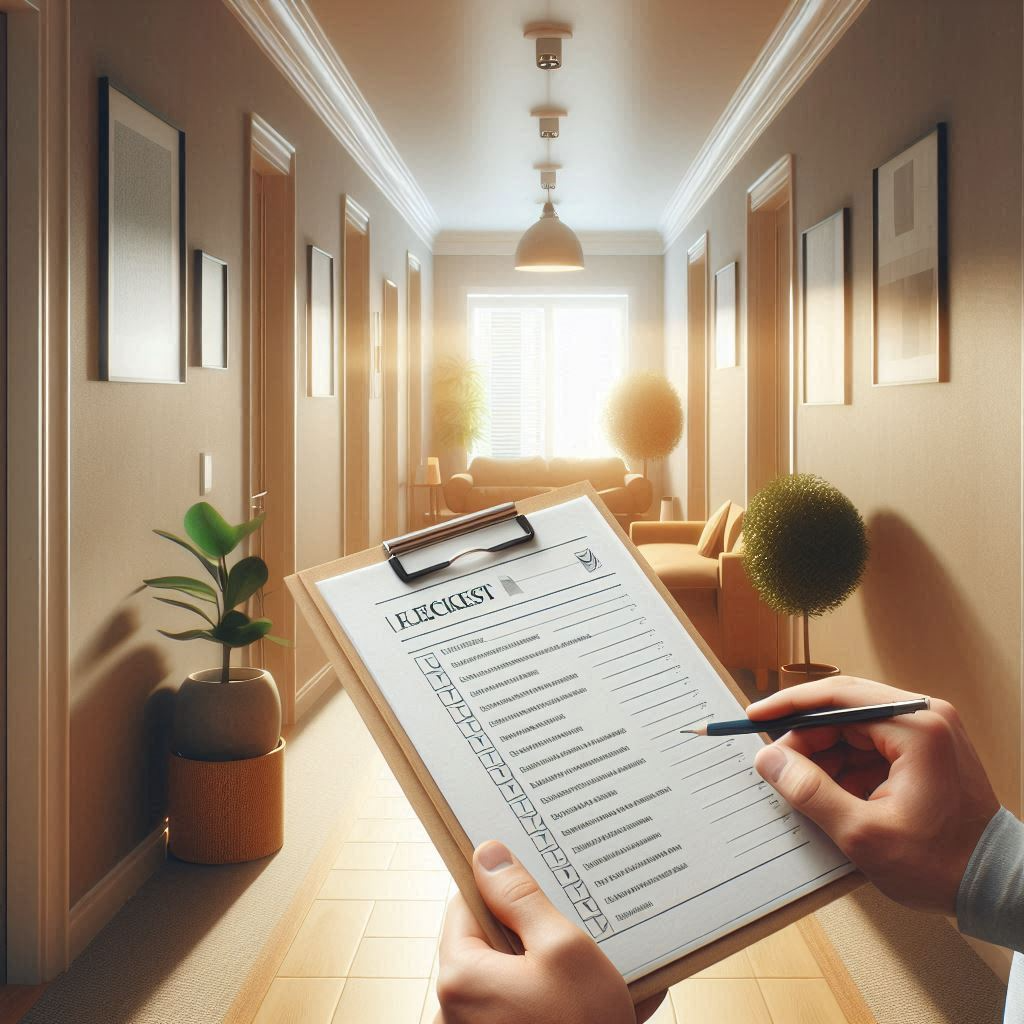 Homeowner reviewing and checking off a home maintenance checklist on a clipboard in a hallway.