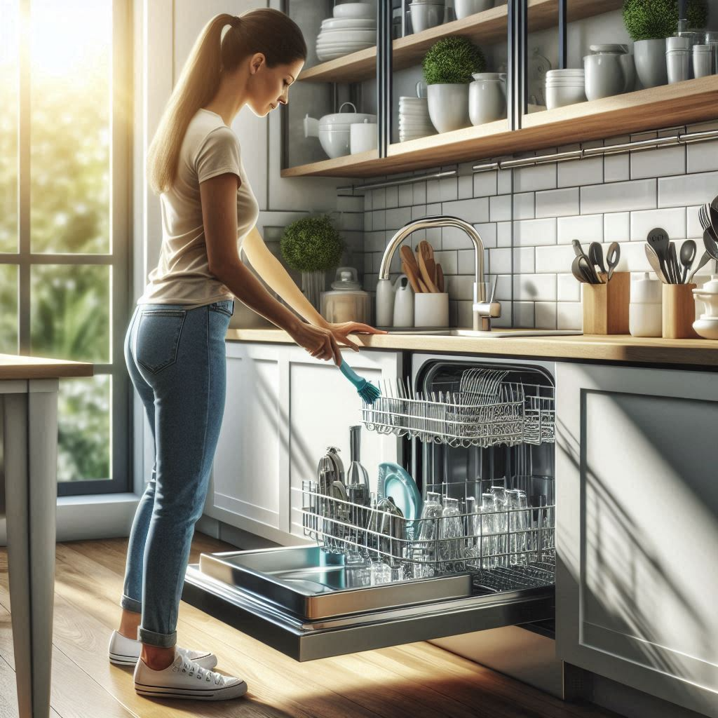 Homeowner inspecting dishwasher spray arms and filter, modern kitchen, bright natural lighting, realistic style, no branding, no faces