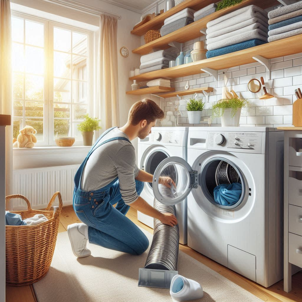 Homeowner inspecting dryer vent and lint trap, laundry room setting, bright natural lighting, realistic style, no branding, no faces.