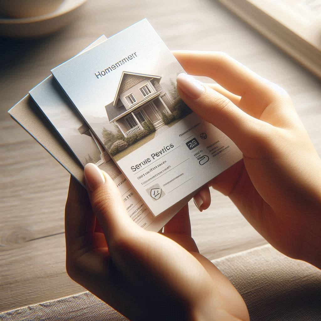 Homeowner comparing two service provider brochures or business cards on a table, with no logos or branding visible.