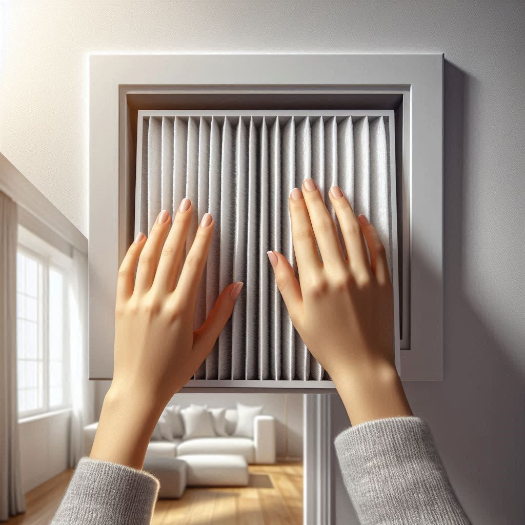Homeowner replacing a clean HVAC air filter in a return vent to improve indoor air quality.
