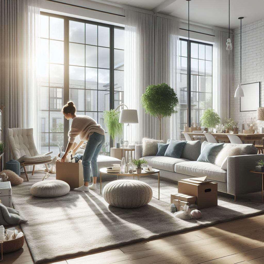 Homeowner clearing items from a living room service area to prepare for a technician visit.