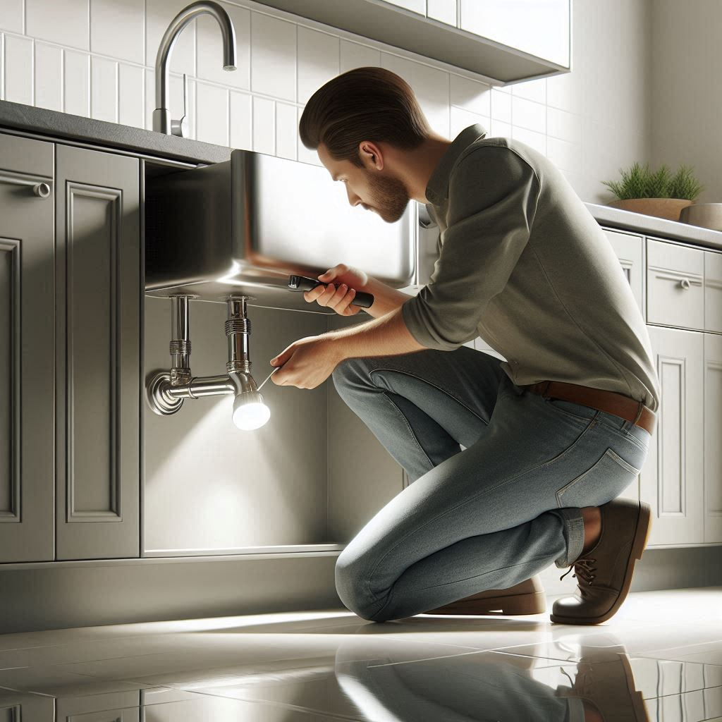 Homeowner inspecting a pipe under a kitchen sink with a flashlight to check for leaks.