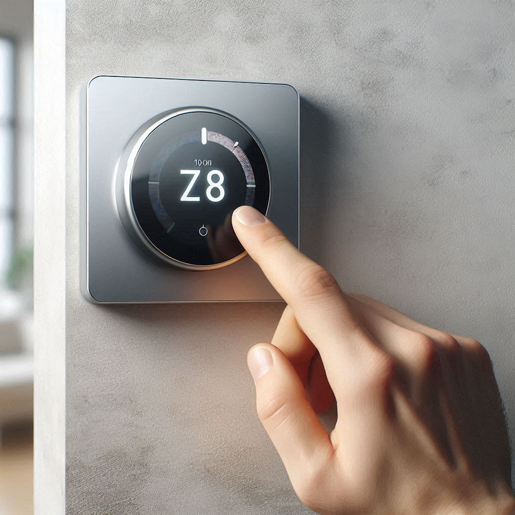 Homeowner adjusting a smart thermostat on the wall to reduce home energy costs.