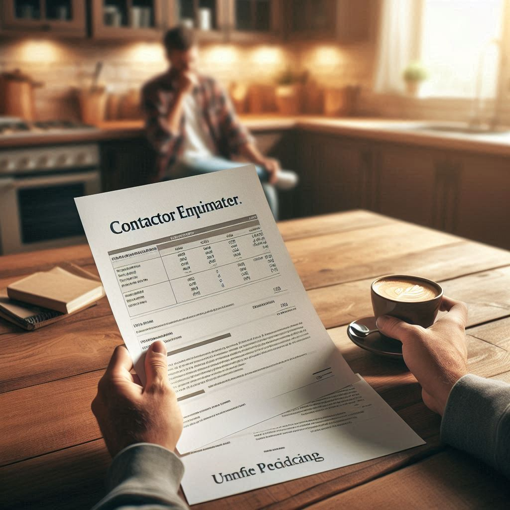Homeowner reviewing contractor estimates at a kitchen table, with unclear pricing highlighted and text blurred.