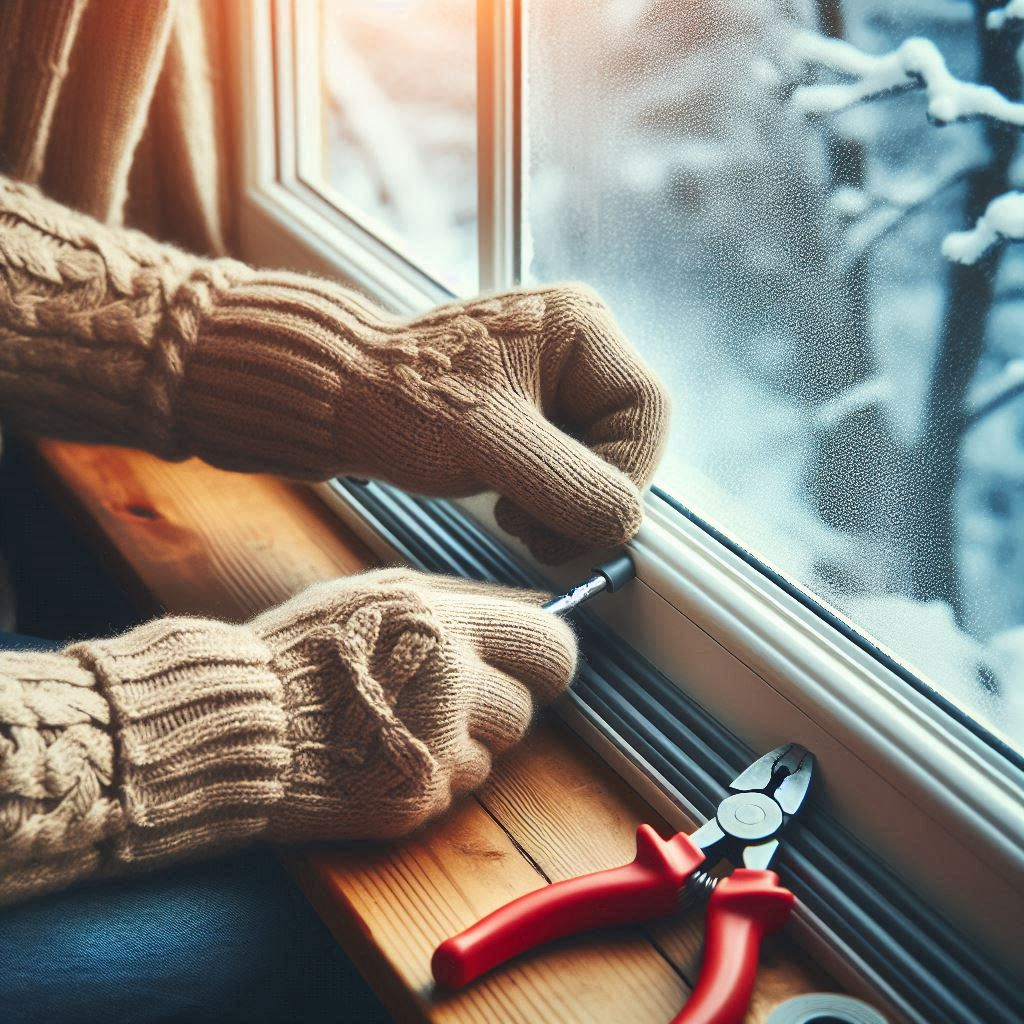 Homeowner applying weatherstripping to a drafty window to prepare the home for winter.