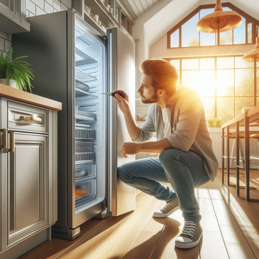 Homeowner checking refrigerator temperature settings and condenser coils, modern kitchen, bright natural lighting, realistic style, no branding, no faces