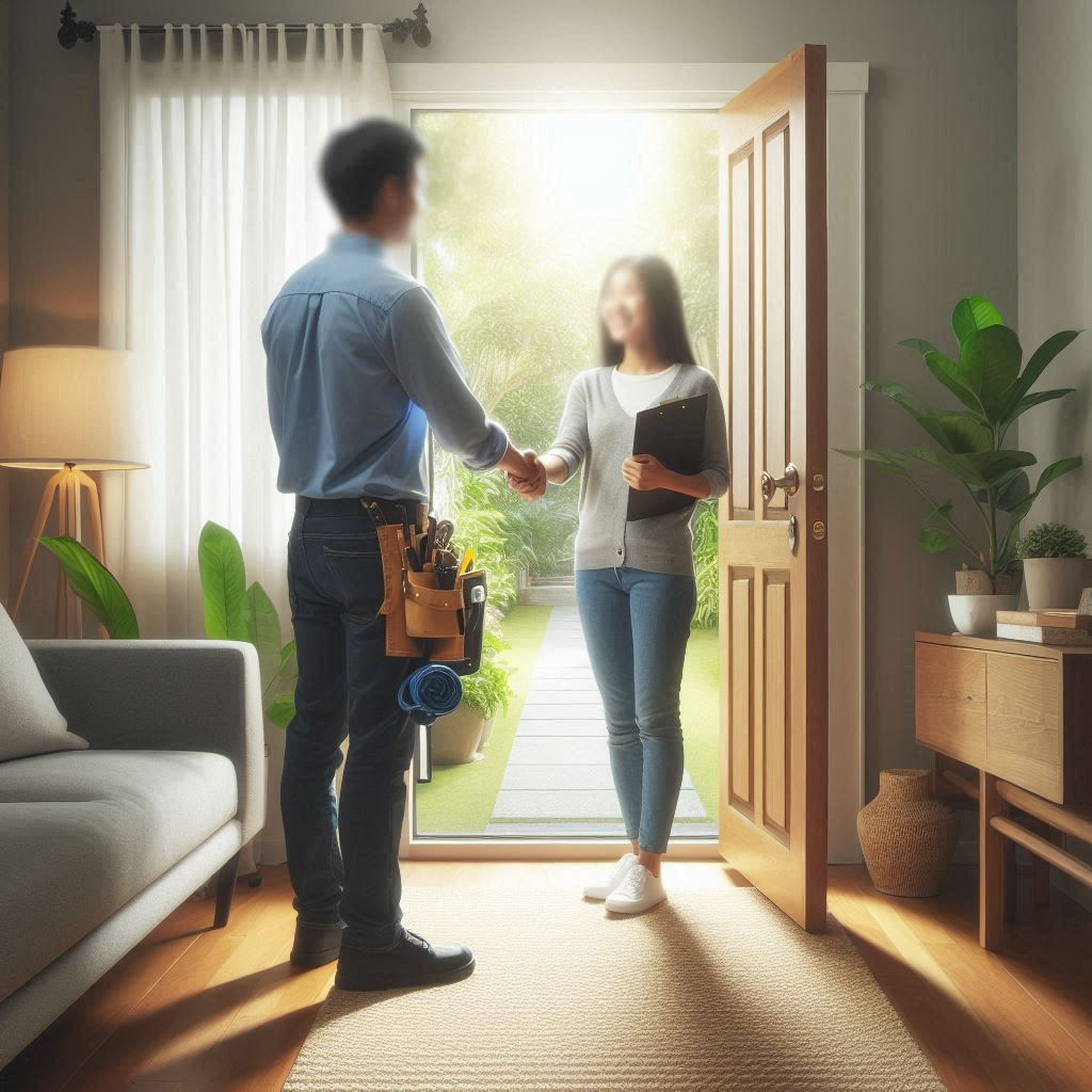 Homeowner greeting a service technician at the front door with a handshake, technician blurred to avoid branding.