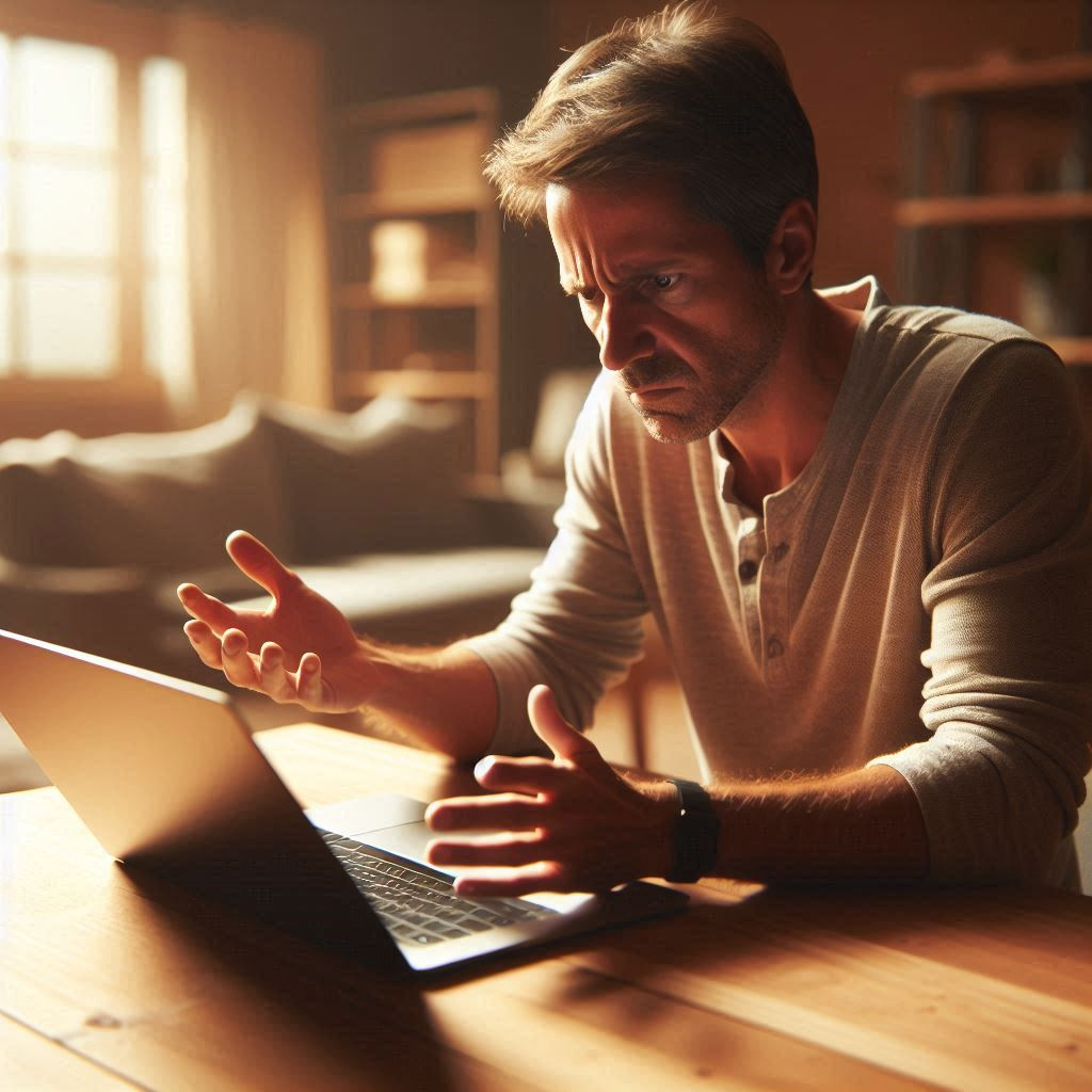 Homeowner typing a negative review on a laptop while looking frustrated, with the screen content blurred.